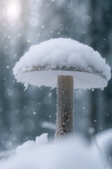Poster - A mushroom covered in snow in a serene woodland setting. Suitable for nature-themed projects or winter-related content