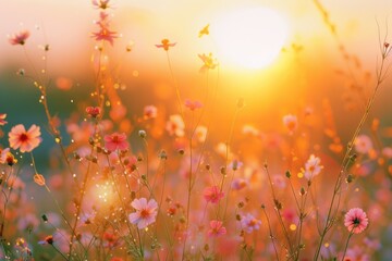 Poster - A beautiful sunset over a field of colorful flowers. Perfect for nature and landscape enthusiasts