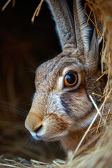 Aufkleber - A detailed close-up of a rabbit's face surrounded by hay. Perfect for animal lovers and nature enthusiasts