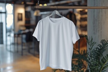 Poster - White t-shirt hanging on a clothes rack. Suitable for fashion and clothing concepts