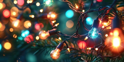 Poster - A close-up view of a bunch of lights on a tree. This image can be used to add a festive touch to holiday-themed designs
