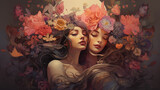 Przepiękna twarz dwóch kobiet - przyjaźń. Romantyczny portret dam wśród kwiatów. Rozwiane brązowe włosy. Emocje - zaduma i zamyślenie. 