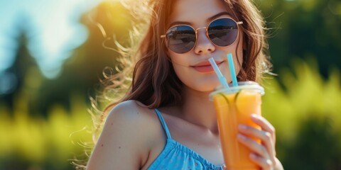 Aufkleber - A woman wearing sunglasses holds a refreshing drink in her hand. Perfect for summer-themed designs and advertisements