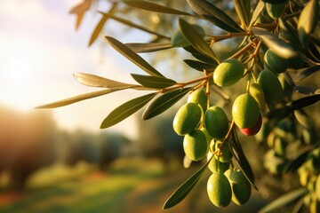 Fresh bio green olives in olives tree farm, healthy bio food with sunset. Generative Ai.