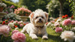 Adorable perrito blanco y feliz de la raza Bichon Frize, en un jardín con flores.