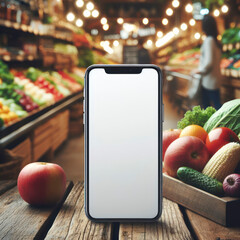Smartphone with mockup white screen fresh fruit and vegetable store blured bokeh background. ai generative