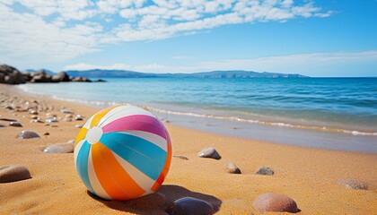 Wall Mural - beach ball on a tropical sandy beach during summer. Beach ball in sand. Summertime vacation with clear blue water and the sun