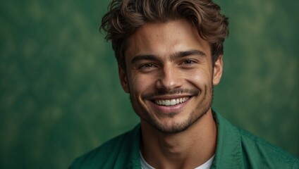 Wall Mural - Close-up portrait of a happy man on a green background. A positive emotion, smile.