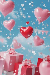 Poster - A collection of pink and white boxes filled with heart-shaped balloons. Perfect for Valentine's Day or romantic occasions