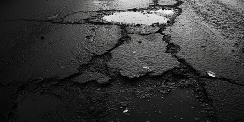 Poster - A black and white photo capturing the cracked surface of a street. This image can be used to depict urban decay or infrastructure issues