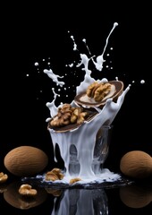 Wall Mural - A floating open and close walnut surrounded by milk against black. Generative Ai.