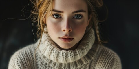 Poster - A woman wearing a turtle neck sweater looking directly at the camera. Suitable for various uses