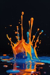 Wall Mural - A vibrant splash of orange and blue paint on a black surface. This image can be used for various artistic and creative projects