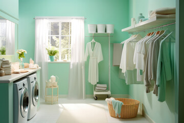 Sticker - Laundry room with modern appliances, hanging clothes, green mint walls, and a fresh open window view