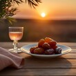 date palm fruit or kurma , ramadan food with hot tea and sunset view
