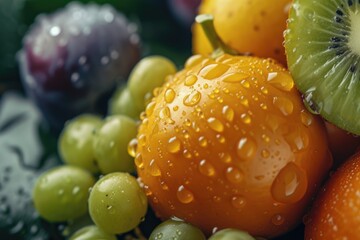 Poster - A vibrant close up of a variety of fruit with glistening water droplets. Perfect for illustrating freshness and healthy eating.