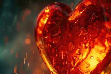 Poster - A close-up view of a heart-shaped object in the rain. This image can be used to depict love, romance, or emotions in various design projects