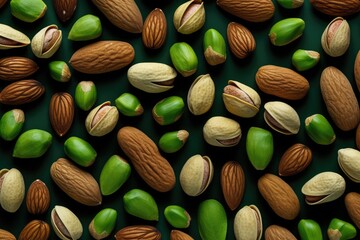Wall Mural - Mix of different types of nuts on green background, healthy food concept. Generative Ai.