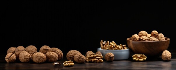 Wall Mural - Top view of walnuts in a bowl on rustic table, healthy food panorama. Generative Ai.