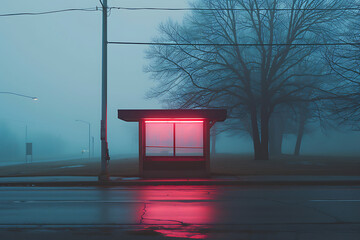 a bus stop with red light on the side of the road in 