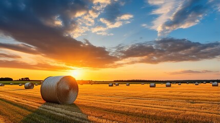 Wall Mural - large rolls of hay in the field after harvest. rural landscape with rolled hay in ripe wheat field.sunset,sunrise background