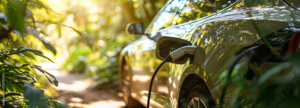 In the heart of the forest, a futuristic electric car charging station ...
