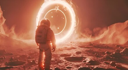 Wall Mural - astronaut looking at a ring of light on another planet's surface. space exploration concept.