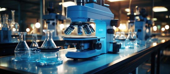 microscope with beaker, science laboratory research, medical background