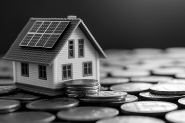 Poster - A model house sitting on top of a pile of coins. Can be used to represent financial stability or investment