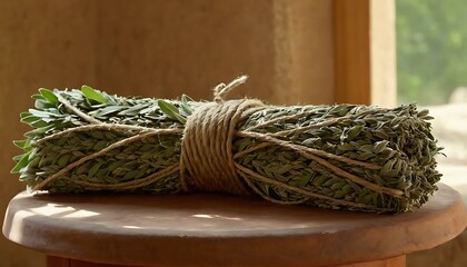 A bundle of aromatic sage, bound with twine, resting on a sacred altar