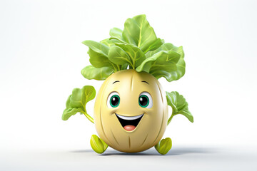 3D organic white turnip horseradish funny cartoon character with eyes on white background Generative AI Illustration