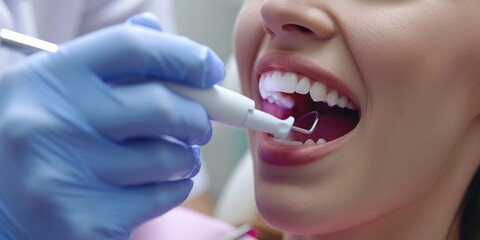 Wall Mural - Woman getting her teeth brushed by a dentist. Suitable for dental care and oral hygiene concepts