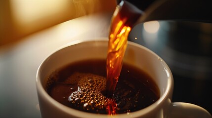 Poster - A close-up view of coffee being poured into a cup. Perfect for illustrating the process of making coffee or showcasing the enjoyment of a hot beverage.