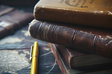 Poster - A stack of books and a pen placed on a table. Can be used for educational or creative purposes