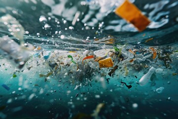 Poster - Trash floating in the ocean, highlighting the issue of marine pollution. This image can be used to raise awareness about environmental concerns and the need for proper waste management