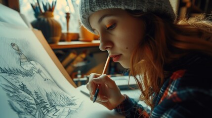 Aufkleber - A girl is using a pencil to create a drawing. Suitable for educational or creative projects