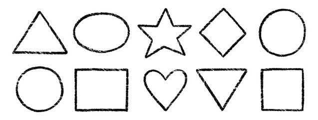 Aufkleber - Crayon, chalk kid frame set. Round, square, heart shape hand drawn crayon texture vector black frame element. Chalk, pastel pencil kid craft paint style square, star border. Vector illustration.