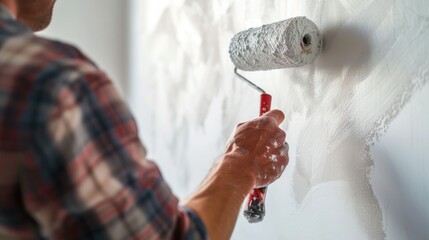 Aufkleber - Man painting a wall with a paint roller. Suitable for home improvement or renovation projects