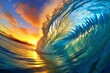 Surfer on Blue Ocean Wave at Sunset,  Beautiful Nature Background