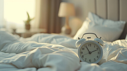 Sticker - classic white alarm clock is on a bed with white linens, bathed in soft morning light with a blurred background suggesting a bedroom setting