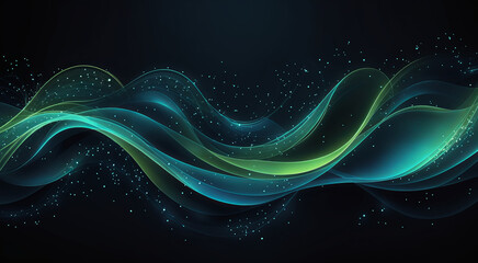 Abstract background with green waves and particles. AI