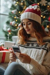 Poster - Woman sitting in front of a Christmas tree, using a cell phone. This image can be used to depict modern technology during the holiday season