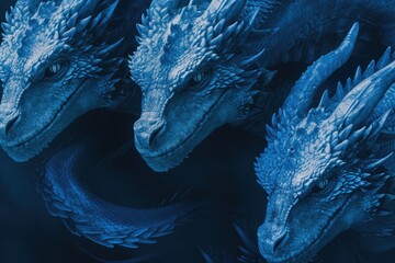 Poster - Close up view of three intricately designed blue dragon heads. Perfect for fantasy or mythology-themed projects