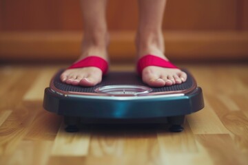 Aufkleber - A person standing on a scale on a wooden floor. This image can be used to depict weight measurement, health and fitness, or tracking progress