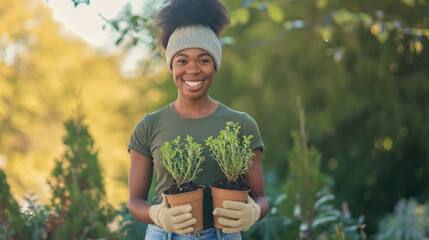 Canvas Print - young woman with a beanie, smiling and holding two small potted plants