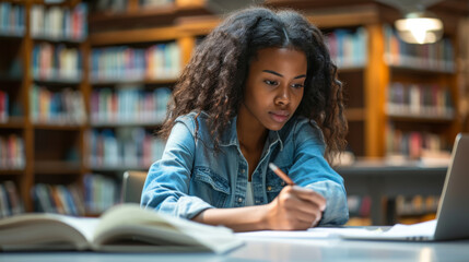 Sticker - focused young woman studying in a library, writing notes from a laptop into a book