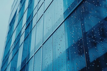 Poster - A blue building with raindrops on the glass. Can be used to depict a rainy day or urban architecture