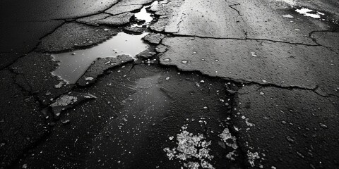 Aufkleber - A black and white photo capturing the cracks on a street surface. This image can be used to depict urban decay or as a background for various design projects