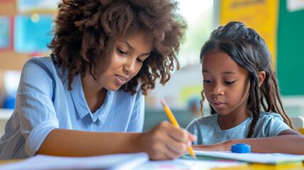 Poster - young child and an adult focused on writing in a notebook