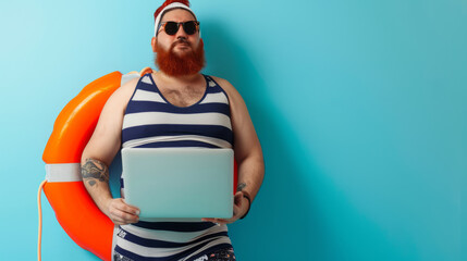 Canvas Print - joyful man with red-dyed hair and a full beard, wearing round sunglasses, a striped tank top, holding a laptop in one hand, and an orange lifebuoy in the other